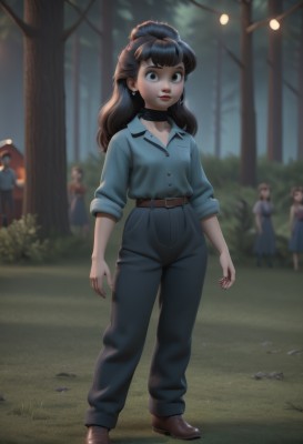 1girl,long hair,looking at viewer,bangs,multiple girls,brown hair,shirt,black hair,dress,brown eyes,jewelry,closed mouth,standing,full body,earrings,outdoors,shoes,solo focus,choker,collared shirt,belt,pants,artist name,signature,hair bun,blurry,tree,lips,fingernails,makeup,night,depth of field,blurry background,brown footwear,black pants,single hair bun,ring,thick eyebrows,grass,blue shirt,denim,lipstick,child,nature,buckle,sleeves rolled up,forest,pocket,jeans,belt buckle,red lips,female child,brown belt,breast pocket,4girls,black choker