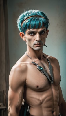 solo,looking at viewer,short hair,blue eyes,1boy,navel,jewelry,closed mouth,nipples,blue hair,upper body,male focus,hairband,necklace,blurry,lips,muscular,facial hair,abs,pectorals,veins,topless male,realistic,nose,cyborg,dirty,aqua hair,muscular male,android,dirty face