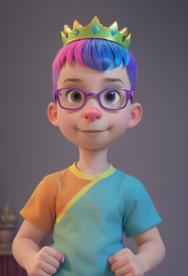 solo,looking at viewer,smile,short hair,simple background,shirt,1boy,closed mouth,blue hair,upper body,pink hair,purple hair,male focus,multicolored hair,glasses,blurry,black eyes,two-tone hair,crown,t-shirt,child,clenched hands,personification,male child,brown eyes,artist name,nail polish,realistic,purple-framed eyewear,rainbow hair