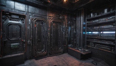 indoors,no humans,window,scenery,science fiction,realistic,door,cable,light,spacecraft,lights