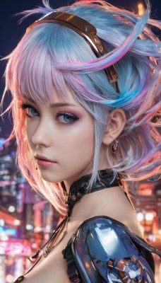 1girl,solo,breasts,looking at viewer,short hair,bangs,blue eyes,jewelry,medium breasts,closed mouth,blue hair,upper body,pink hair,multicolored hair,hairband,earrings,choker,necklace,mole,blurry,from side,lips,eyelashes,makeup,depth of field,blurry background,mole under mouth,eyeshadow,realistic,nose,mascara,cleavage,sidelocks,outdoors,artist name,night,lipstick,goggles,portrait,goggles on head,pink lips,eyeliner,bokeh,cyberpunk