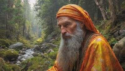 solo,1boy,upper body,white hair,male focus,outdoors,day,signature,from side,tree,profile,facial hair,sunlight,grass,nature,scenery,beard,forest,rock,realistic,old,old man,river,moss,long sleeves,plant