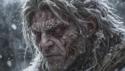 solo,long hair,looking at viewer,blue eyes,blonde hair,1boy,closed mouth,male focus,outdoors,blurry,grey eyes,blood,scar,portrait,scar on face,snow,close-up,snowing,white eyes,jewelry,white hair,grey hair,earrings,facial hair,beard,realistic,manly,old,forehead jewel,old man,wrinkled skin