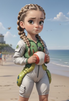 1girl,long hair,looking at viewer,multiple girls,brown hair,long sleeves,holding,brown eyes,closed mouth,braid,outdoors,sky,shorts,solo focus,day,cloud,blurry,vest,twin braids,blue sky,bodysuit,blurry background,bird,ocean,beach,child,forehead,ball,zipper,freckles,green jacket,sand,female child,green vest,white bodysuit,holding ball,solo,blush,standing,water,flat chest,lips,thick eyebrows,pocket,nose