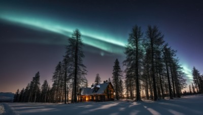 outdoors,sky,cloud,tree,no humans,night,star (sky),nature,night sky,scenery,snow,forest,starry sky,mountain,road,house,winter,bare tree,landscape,tent,pine tree,aurora,fire,building,campfire