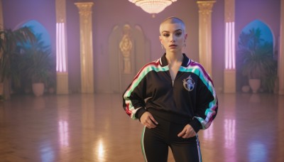 1girl,solo,looking at viewer,short hair,long sleeves,1boy,jewelry,standing,jacket,male focus,cowboy shot,earrings,pants,indoors,lips,black jacket,black pants,plant,reflection,track jacket,hands on hips,realistic,hands in pockets,bald,very short hair,track suit,statue,track pants,adidas,brown eyes,no humans,makeup,night,zipper