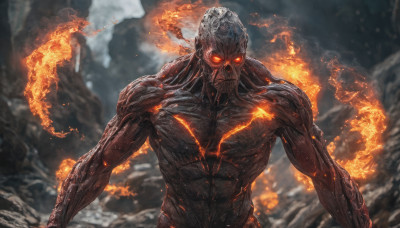 solo, looking at viewer, red eyes, 1boy, upper body, male focus, muscular, glowing, fire, glowing eyes, monster, molten rock