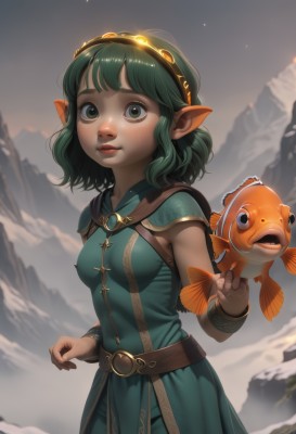 1girl,solo,breasts,looking at viewer,short hair,bangs,dress,jewelry,medium breasts,green eyes,standing,cowboy shot,hairband,small breasts,outdoors,parted lips,green hair,sky,sleeveless,pointy ears,belt,artist name,medium hair,bag,armor,blurry,lips,glowing,animal,freckles,fish,green dress,mountain,nose,red lips,brown belt,bracer,goldfish,cape,elf,realistic,holding animal