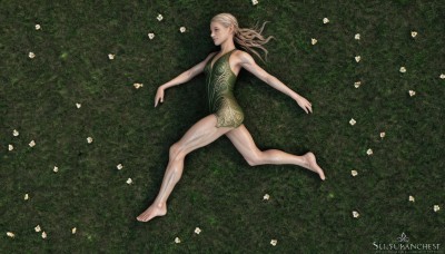 1girl,solo,long hair,blonde hair,brown hair,dress,flower,barefoot,feet,dated,legs,bare legs,grass,outstretched arms,web address,realistic,spread arms,field,smile,bare shoulders,swimsuit,full body,lying,artist name,signature,on back,flat chest,one-piece swimsuit,parody,running