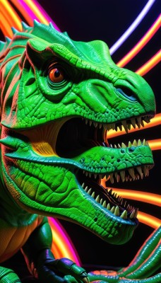 solo,open mouth,blue eyes,red eyes,tail,teeth,tongue,from side,no humans,profile,fangs,sharp teeth,black background,claws,monster,realistic,dragon,scales,dinosaur,kaijuu,orange eyes,glowing,veins,alien,power suit (metroid),beam