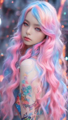 1girl,solo,long hair,looking at viewer,blue eyes,bare shoulders,jewelry,very long hair,closed mouth,blue hair,upper body,pink hair,multicolored hair,looking back,artist name,necklace,mole,blurry,two-tone hair,lips,streaked hair,mole under eye,tattoo,makeup,blurry background,wavy hair,eyeshadow,realistic,nose,arm tattoo,mascara,back tattoo,bangs,from side,grey eyes,eyelashes,depth of field,lipstick,pink lips,bokeh,flower tattoo