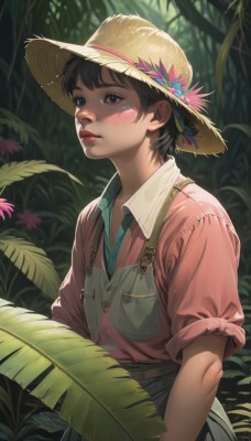 1girl,solo,blush,short hair,bangs,brown hair,shirt,black hair,hat,brown eyes,closed mouth,standing,upper body,flower,short sleeves,outdoors,day,collared shirt,blurry,black eyes,lips,buttons,depth of field,leaf,looking away,sunlight,suspenders,plant,wing collar,nature,sleeves rolled up,freckles,pocket,pink shirt,sun hat,nose,straw hat,hat flower,red lips,overalls,realistic,breast pocket,sleeves pushed up,blue overalls