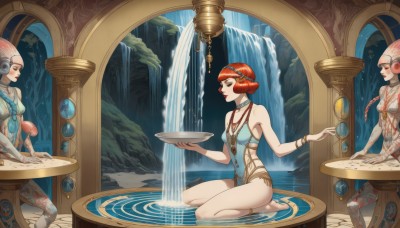 long hair,breasts,short hair,multiple girls,holding,2girls,bare shoulders,jewelry,medium breasts,sitting,swimsuit,braid,red hair,hairband,glasses,barefoot,choker,3girls,water,necklace,orange hair,bracelet,lips,makeup,table,lipstick,seiza,science fiction,red lips,neck ring,pillar,waterfall,fountain,smile,hair ornament,navel,cleavage,closed eyes,small breasts,one-piece swimsuit,book,single braid,watermark,monster girl,open book,fantasy,alien