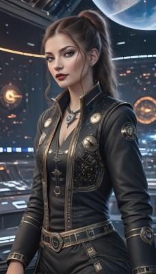 1girl,solo,long hair,breasts,looking at viewer,brown hair,long sleeves,cleavage,brown eyes,jewelry,medium breasts,standing,jacket,ponytail,parted lips,open clothes,belt,necklace,vest,lips,black jacket,makeup,lipstick,pendant,science fiction,realistic,nose,red lips,planet,earrings,artist name,eyeshadow,freckles,space,earth (planet),spacecraft