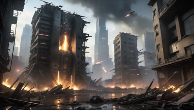 HQ,outdoors,sky,day,cloud,no humans,fire,ground vehicle,building,scenery,motor vehicle,smoke,science fiction,city,aircraft,airplane,cityscape,explosion,ruins,damaged,skyscraper,debris,burning,destruction,military,cloudy sky,rain,military vehicle,vehicle focus,jet