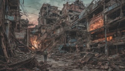 1girl,solo,short hair,1boy,standing,male focus,outdoors,sky,pants,cloud,bag,from behind,backpack,cloudy sky,building,scenery,smoke,city,cable,ruins,wide shot,power lines,utility pole,industrial pipe,rubble,post-apocalypse,ambiguous gender,debris