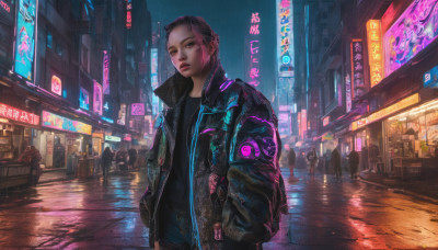 1girl, looking at viewer, short hair, blue eyes, shirt, standing, jacket, pink hair, outdoors, open clothes, solo focus, bag, open jacket, black shirt, night, piercing, backpack, scenery, science fiction, city, realistic, hands in pockets, road, street, cyberpunk, neon lights