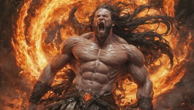 solo,long hair,open mouth,black hair,1boy,navel,jewelry,nipples,closed eyes,upper body,male focus,teeth,belt,torn clothes,muscular,facial hair,scar,abs,fire,pectorals,muscular male,bara,beard,scar on face,large pectorals,veins,topless male,mature male,bracer,manly,scar on chest,embers,screaming,veiny arms,brown hair,floating hair,wristband,angry,shouting,biceps,burning,thick arms,molten rock,scar on stomach