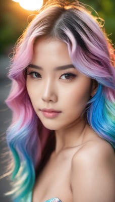 1girl,solo,long hair,breasts,looking at viewer,cleavage,bare shoulders,brown eyes,medium breasts,closed mouth,blue hair,collarbone,upper body,pink hair,multicolored hair,artist name,blurry,black eyes,two-tone hair,lips,eyelashes,strapless,gradient hair,makeup,depth of field,blurry background,watermark,portrait,web address,realistic,nose,freckles