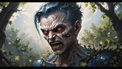 solo,looking at viewer,short hair,open mouth,red eyes,1boy,blue hair,male focus,outdoors,teeth,day,tree,glowing,leaf,facial mark,plant,sharp teeth,portrait,nature,glowing eyes,colored sclera,veins,branch,black sclera,red sclera,cracked skin,sky,cloud,blood,fangs,letterboxed,angry,realistic,vines,extra eyes,horror (theme)