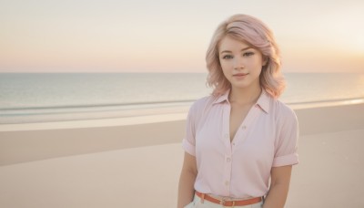 1girl,solo,looking at viewer,smile,blue eyes,blonde hair,simple background,brown hair,shirt,white background,white shirt,upper body,short sleeves,multicolored hair,outdoors,collared shirt,belt,medium hair,lips,buttons,realistic,partially unbuttoned,head tilt