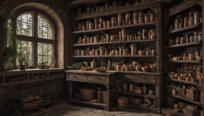 food,day,indoors,cup,no humans,window,sunlight,bottle,plant,scenery,basket,potted plant,bread,shelf,wine bottle,jar,barrel,tree,bowl,fantasy