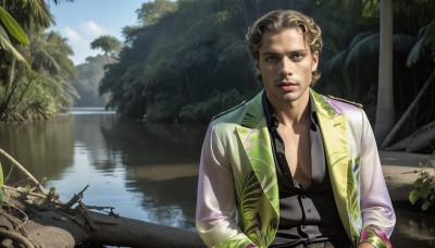 HQ,solo,looking at viewer,blonde hair,brown hair,shirt,1boy,brown eyes,jewelry,jacket,upper body,male focus,earrings,outdoors,open clothes,day,water,tree,lips,open shirt,plant,nature,reflection,realistic,palm tree,watercraft,boat,sky,vest,formal,suit,curly hair,waterfall,fishing rod