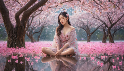 1girl, solo, long hair, breasts, black hair, hair ornament, sitting, closed eyes, flower, outdoors, japanese clothes, barefoot, hair flower, kimono, water, tree, petals, cherry blossoms, reflection, realistic