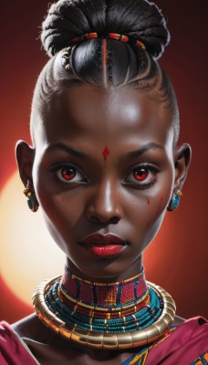 1girl,solo,looking at viewer,black hair,red eyes,jewelry,closed mouth,earrings,dark skin,hair bun,dark-skinned female,lips,eyelashes,blood,makeup,facial mark,lipstick,portrait,red background,forehead,backlighting,blood on face,realistic,nose,red lips,neck ring,hair pulled back,very dark skin,updo,dreadlocks,short hair,hair ornament,necklace,facepaint