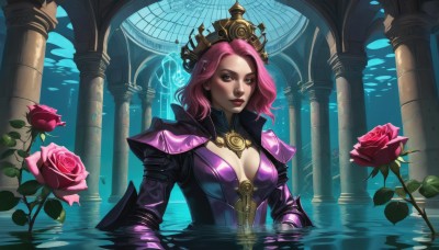 1girl,solo,breasts,looking at viewer,short hair,bangs,large breasts,long sleeves,cleavage,brown eyes,medium breasts,closed mouth,upper body,pink hair,flower,shiny,medium hair,water,armor,lips,makeup,rose,cleavage cutout,crown,lipstick,red flower,shoulder armor,pink flower,partially submerged,fish,red rose,nose,red lips,pink rose,ripples,pillar,lily pad,jewelry,alternate costume,pink eyes,leaf