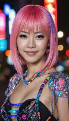 1girl,solo,breasts,looking at viewer,smile,short hair,bangs,large breasts,cleavage,brown eyes,jewelry,medium breasts,closed mouth,upper body,pink hair,earrings,medium hair,necklace,blurry,black eyes,lips,tattoo,makeup,blurry background,realistic,nose,artist name,bra,eyelashes,depth of field,lipstick,bokeh