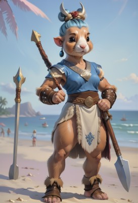 1girl,breasts,looking at viewer,smile,short hair,shirt,hair ornament,holding,animal ears,brown eyes,jewelry,closed mouth,blue hair,standing,full body,weapon,short sleeves,earrings,small breasts,outdoors,sky,solo focus,day,belt,artist name,cloud,water,holding weapon,blurry,black eyes,tree,blue sky,muscular,toes,blurry background,ocean,beach,sandals,blue shirt,polearm,genderswap,furry,spear,sand,palm tree,furry female,bracer,axe,body fur,holding polearm,topknot,whiskers,snout,solo,multiple girls,barefoot,hair bun,single hair bun,realistic,animal nose,brown fur