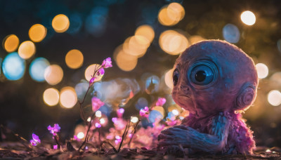 holding, flower, blurry, no humans, depth of field, blurry background, holding flower, creature, bokeh