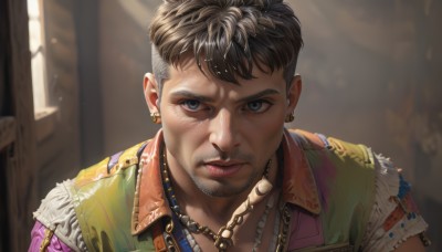 solo,looking at viewer,short hair,blue eyes,brown hair,shirt,black hair,1boy,jewelry,closed mouth,jacket,upper body,male focus,earrings,indoors,necklace,blurry,black eyes,vest,lips,fur trim,blurry background,facial hair,piercing,ear piercing,portrait,beard,realistic,nose,stubble,very short hair,undercut,bangs,grey eyes,sunlight,serious,mustache