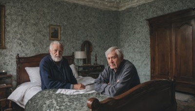 long sleeves,sitting,white hair,grey hair,male focus,multiple boys,indoors,2boys,pillow,bed,facial hair,on bed,parody,beard,robe,realistic,mustache,blanket,lamp,bedroom,old,old man,picture frame,painting (object),wrinkled skin,book,bald,fine art parody,portrait (object)