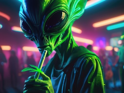 solo,looking at viewer,1boy,holding,upper body,male focus,teeth,blurry,night,blurry background,colored skin,drinking straw,drinking,green skin,alien,science fiction,monster,crowd