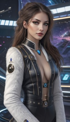 1girl,solo,long hair,breasts,looking at viewer,brown hair,long sleeves,cleavage,brown eyes,jewelry,medium breasts,earrings,open clothes,choker,belt,necklace,lips,coat,fur trim,makeup,lipstick,brooch,gem,forehead,eyeshadow,science fiction,realistic,nose,center opening,red lips,eyeliner,large breasts,closed mouth,upper body,artist name,mole,vest,no bra,bodysuit