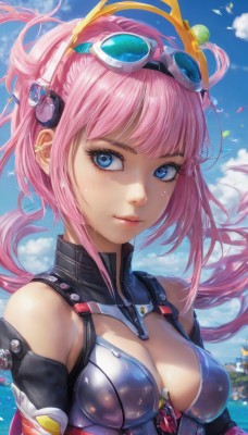 1girl,solo,long hair,breasts,looking at viewer,smile,bangs,blue eyes,cleavage,bare shoulders,medium breasts,closed mouth,upper body,pink hair,outdoors,sky,day,cloud,water,blue sky,lips,ocean,cleavage cutout,goggles,goggles on head,hair ornament,ponytail,sidelocks,detached sleeves,shiny,wet,eyelashes,floating hair,headgear,cloudy sky,wind,nose