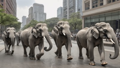 tail,outdoors,sky,day,tree,no humans,ground vehicle,building,motor vehicle,claws,monster,city,realistic,road,lamppost,street,horror (theme),dinosaur,animal,science fiction,what,elephant,post-apocalypse