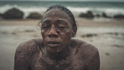 solo, looking at viewer, 1boy, upper body, male focus, nude, outdoors, dark skin, blurry, wet, blurry background, beach, realistic, sand