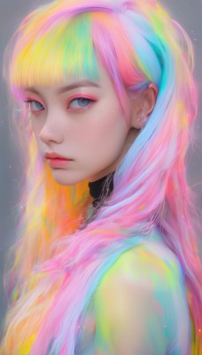 1girl,solo,long hair,looking at viewer,bangs,blonde hair,simple background,shirt,jewelry,closed mouth,upper body,pink hair,multicolored hair,earrings,choker,artist name,blunt bangs,from side,lips,streaked hair,eyelashes,sparkle,makeup,piercing,eyeshadow,freckles,realistic,nose,eyeliner,colorful,rainbow hair,blue eyes,grey background,orange hair,grey eyes,aqua hair,lipstick,portrait,pink lips,mascara,glowing hair