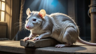 HQ,solo,blue eyes,closed mouth,indoors,blurry,no humans,window,depth of field,blurry background,animal,sunlight,claws,light rays,realistic,animal focus,mouse,pillar,whiskers,tail,full body,black eyes,white fur