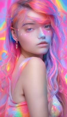 1girl,solo,long hair,breasts,looking at viewer,bangs,blue eyes,bare shoulders,jewelry,closed mouth,upper body,pink hair,multicolored hair,earrings,sleeveless,black eyes,from side,lips,eyelashes,makeup,swept bangs,watermark,wavy hair,realistic,nose,rainbow,colorful,dress,medium breasts,artist name,gem