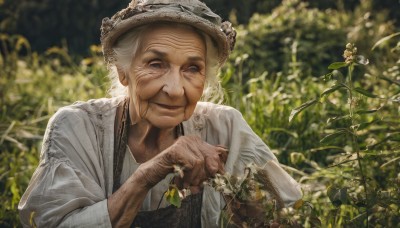 1girl,solo,looking at viewer,smile,blue eyes,long sleeves,1boy,hat,holding,closed mouth,upper body,flower,white hair,outdoors,day,blurry,depth of field,blurry background,plant,nature,freckles,realistic,basket,holding flower,old,old man,old woman,dress,leaf,wrinkled skin