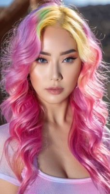 1girl,solo,long hair,breasts,looking at viewer,blue eyes,blonde hair,large breasts,shirt,cleavage,medium breasts,closed mouth,upper body,pink hair,multicolored hair,blurry,two-tone hair,lips,eyelashes,makeup,blurry background,wavy hair,eyeshadow,personification,curly hair,pink shirt,realistic,nose,parted lips,day,artist name,streaked hair,depth of field,portrait,forehead