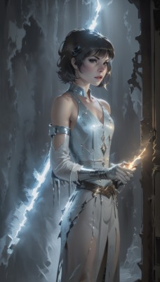 1girl,solo,breasts,looking at viewer,short hair,bangs,brown hair,black hair,gloves,dress,holding,cleavage,bare shoulders,brown eyes,jewelry,standing,collarbone,weapon,small breasts,parted lips,detached sleeves,elbow gloves,white dress,black eyes,lips,red lips,magic,hair ornament,medium breasts,choker,belt,white gloves,necklace,sleeveless dress,lightning