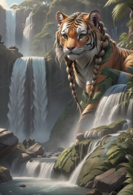 smile,animal ears,brown eyes,jewelry,yellow eyes,braid,earrings,outdoors,day,water,twin braids,tree,no humans,animal,fangs,sunlight,plant,nature,scenery,furry,forest,rock,mountain,river,waterfall,whiskers,tiger,cliff,solo,long hair,looking at viewer,artist name,fantasy,tiger ears,tiger stripes