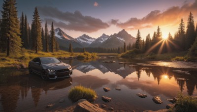 outdoors,sky,cloud,water,tree,no humans,sunlight,cloudy sky,grass,ground vehicle,nature,scenery,motor vehicle,forest,reflection,sunset,rock,mountain,sun,car,road,vehicle focus,river,landscape,mountainous horizon,lake,pine tree,bush,twilight,evening,sunrise,sports car,reflective water