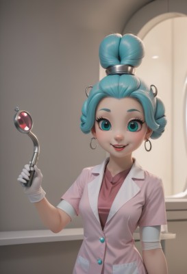 1girl,solo,breasts,looking at viewer,smile,short hair,blue eyes,shirt,gloves,holding,jewelry,blue hair,upper body,short sleeves,earrings,parted lips,teeth,indoors,white gloves,hair bun,aqua eyes,lips,eyelashes,aqua hair,makeup,single hair bun,lipstick,pink shirt,hoop earrings,nurse cap,nurse,stethoscope,artist name,pink dress