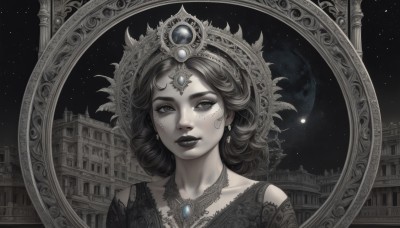 1girl,solo,looking at viewer,short hair,dress,jewelry,collarbone,monochrome,upper body,greyscale,earrings,parted lips,sky,necklace,lips,eyelashes,makeup,night,facial mark,moon,tiara,crown,lipstick,building,gem,portrait,star (sky),night sky,starry sky,reflection,curly hair,straight-on,black lips,smile,bangs,hair ornament,artist name,freckles